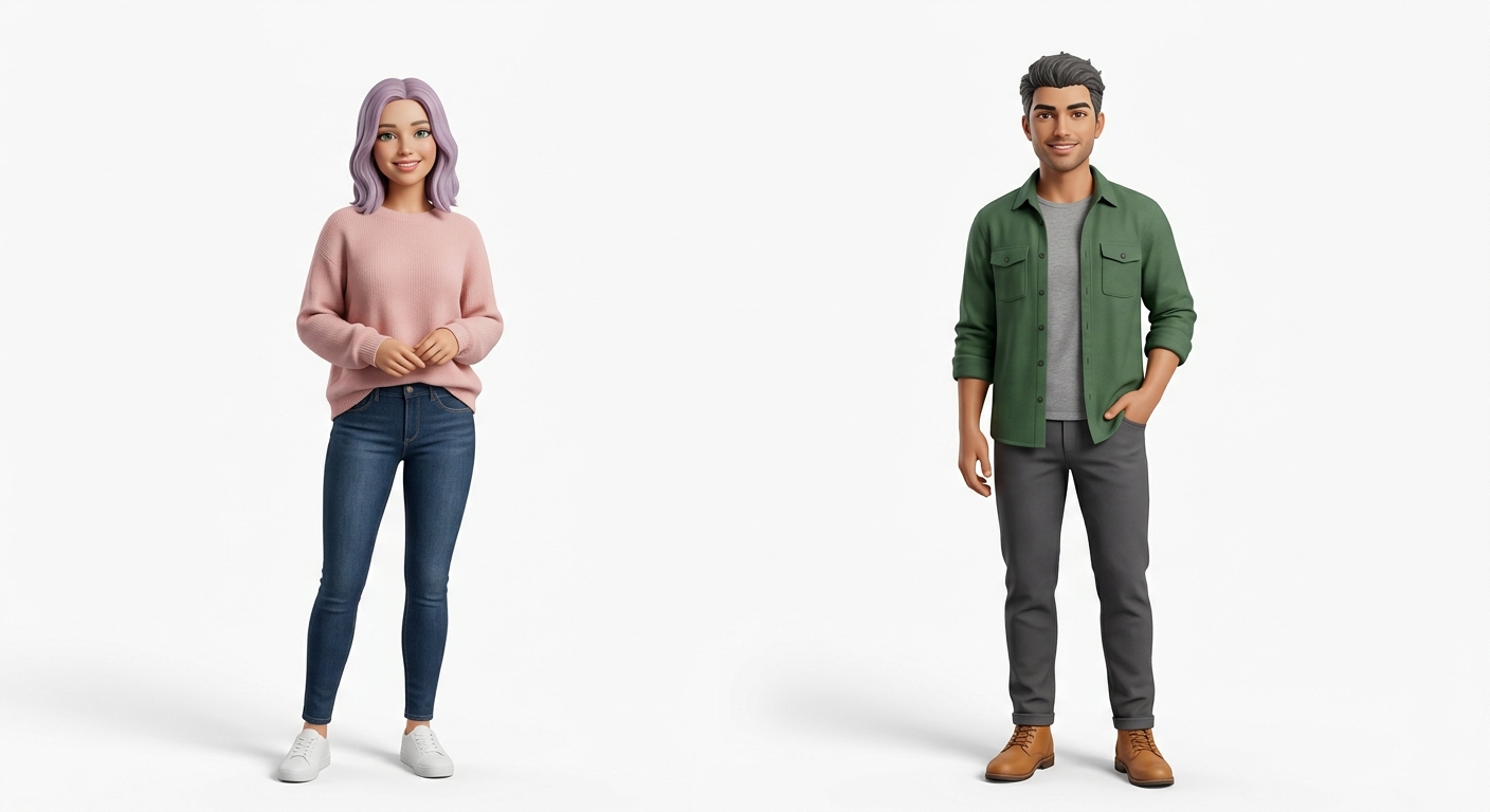 3D avatar of an AI girlfriend with lavender hair and a soft pink sweater