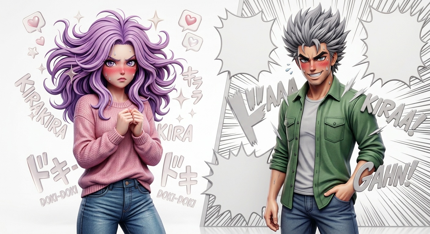 Manga-style illustration of two blushing AI companions surrounded by hearts and doki-doki lettering