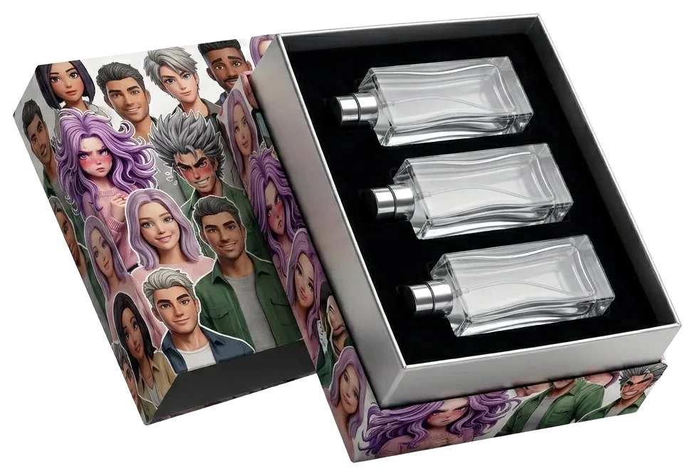 The Lynger Founding box: a silver gift box printed with AI-companion portraits, holding three clear sample flacons.